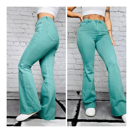 Judy Blue - "Daphne" Teal Green High-Waisted Tummy Control Flare Jeans - Reg/Plus