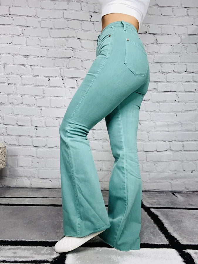 Judy Blue - "Daphne" Teal Green High-Waisted Tummy Control Flare Jeans - Reg/Plus