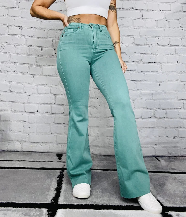 Judy Blue - "Daphne" Teal Green High-Waisted Tummy Control Flare Jeans - Reg/Plus