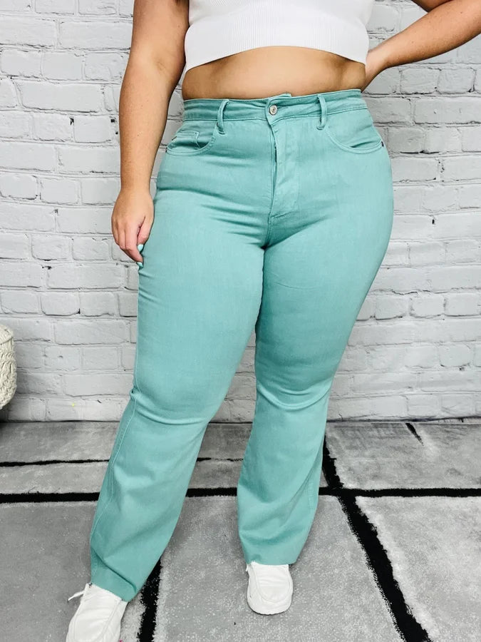 Judy Blue - "Daphne" Teal Green High-Waisted Tummy Control Flare Jeans - Reg/Plus