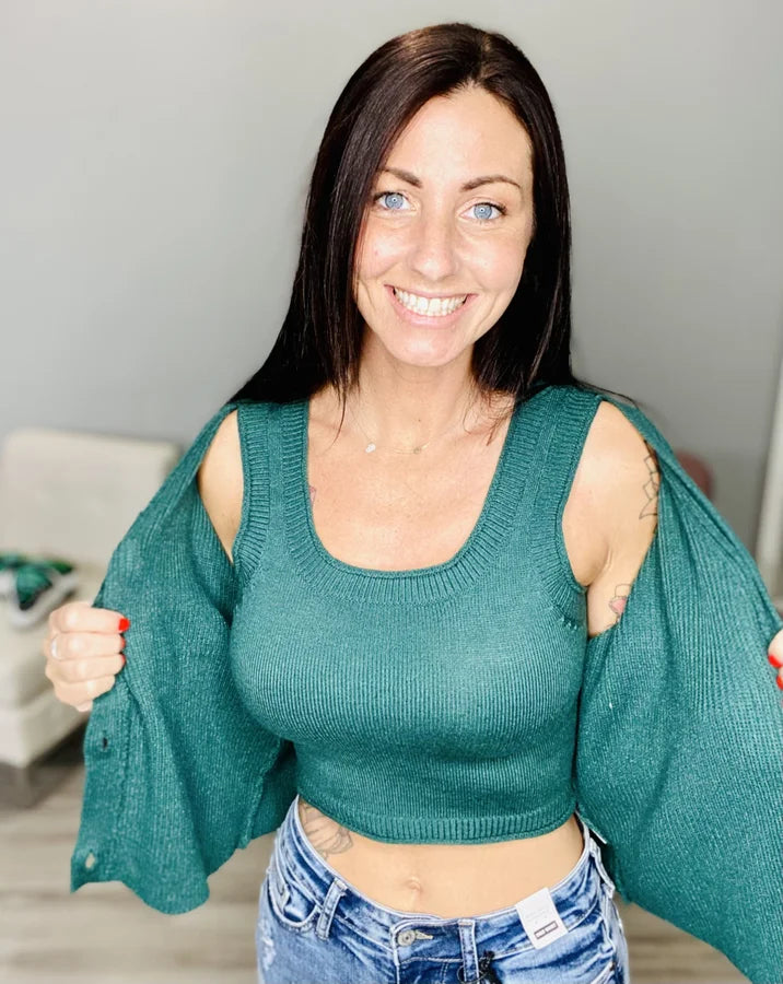 Reg. Deep Green Sleeveless Crop Top/Cardigan Sweater Set