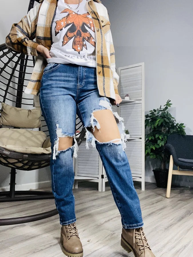 "Hazel" High-Rise Distressed Straight Leg Jeans - Reg/Plus