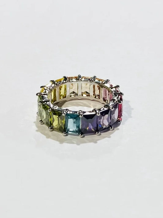 Rhodium Plated Multicolor Cubic Zirconia Ring