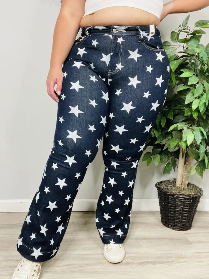 Judy Blue - "Betsy" Dark Blue High-Waisted Star Print Flare Jeans - Reg/Plus