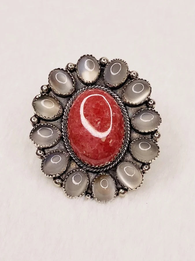 Natural Rhodochrosite & Moon Stone Sterling Silver Ring - Size 7.5