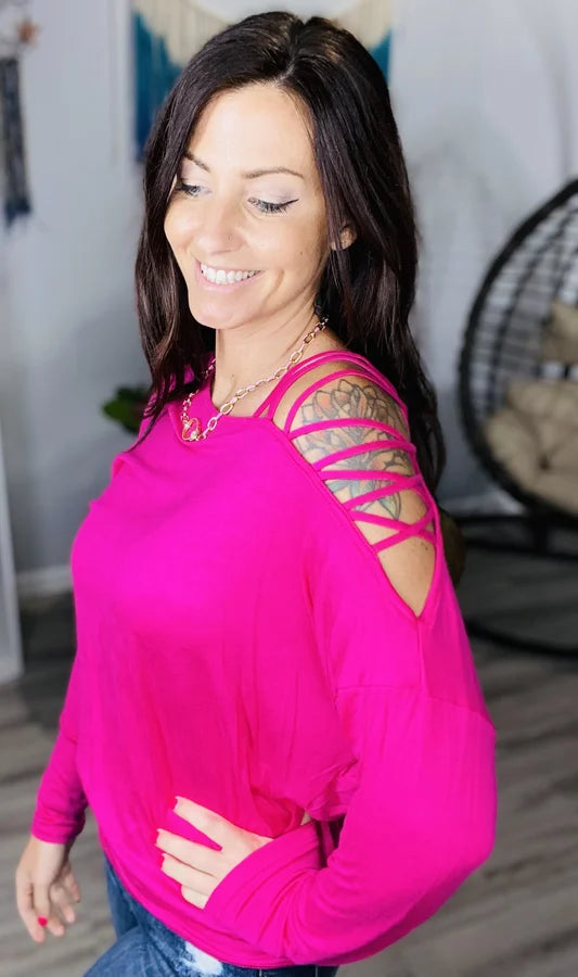 Fuchsia Long Sleeve Top w/ Super Strappy Cold Shoulder