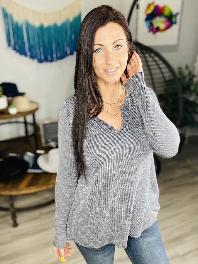 Reg/Plus Navy/Grey Ribbed Open V-Neck Long Sleeve Top