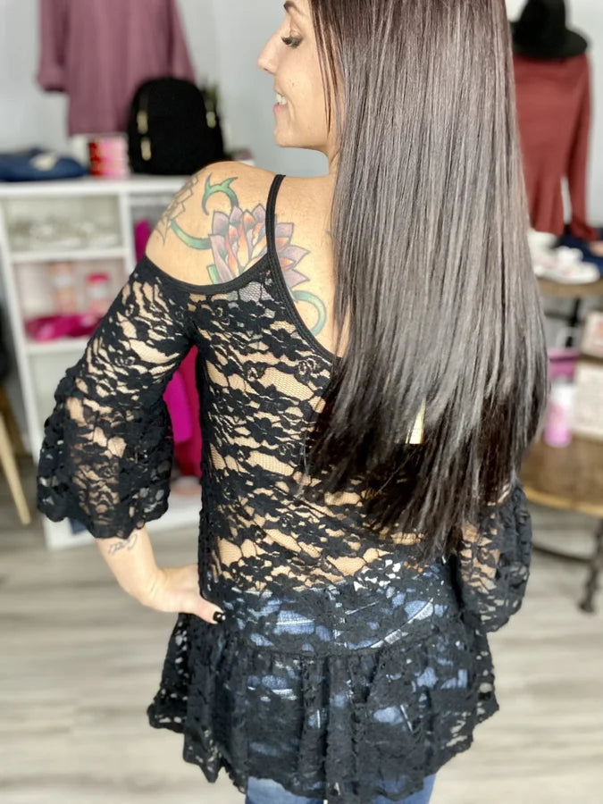 Black Floral Lace 3/4 Sleeve Cold Shoulder Top w/ Tie Detail