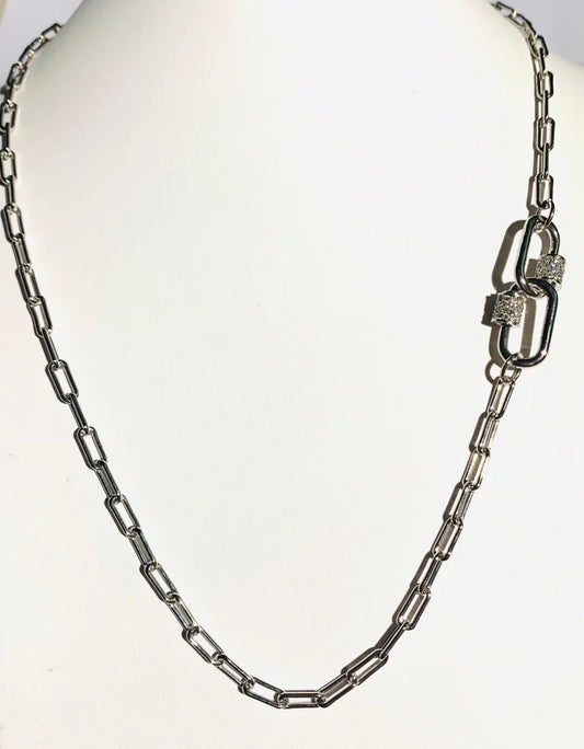 Rhodium Plated Paperclip Link Chain w/ Carabiner Closure - 19"