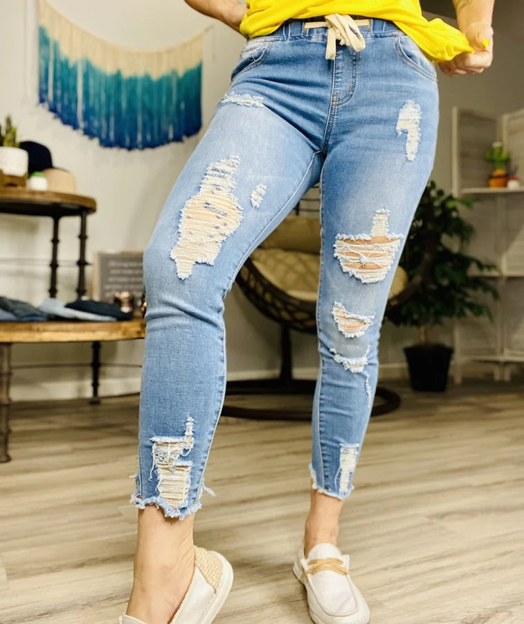 Reg/Plus Medium Wash Knock Out Distressed Denim Joggers