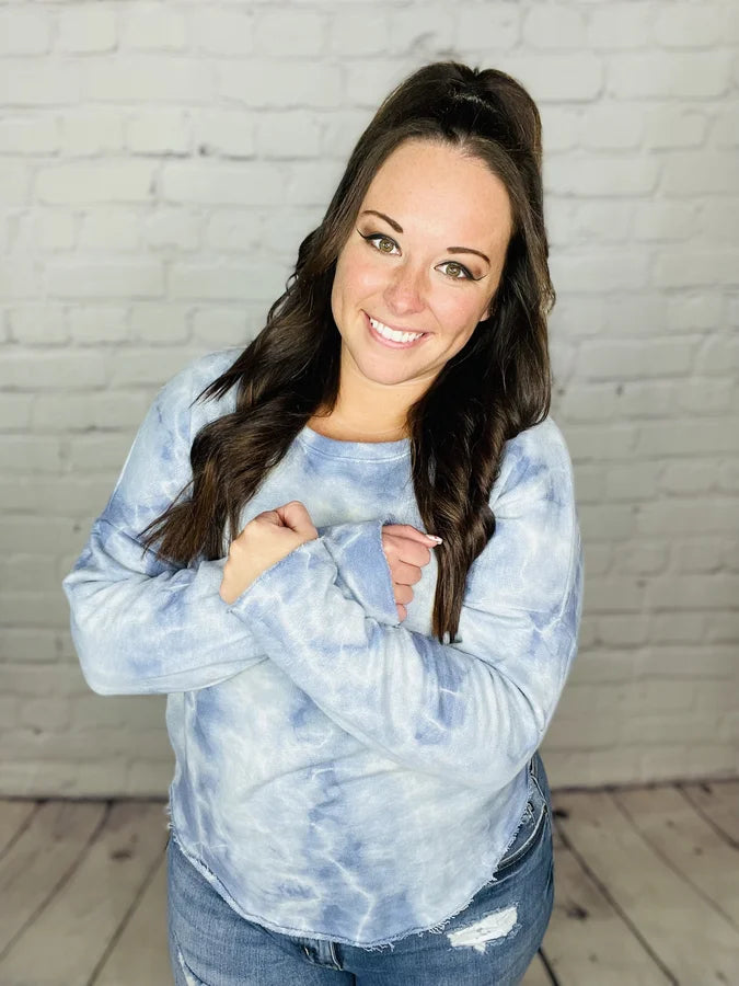 Reg. Baby Blue/Violet Tie Dye Long Sleeve Top w/ Raw Hem