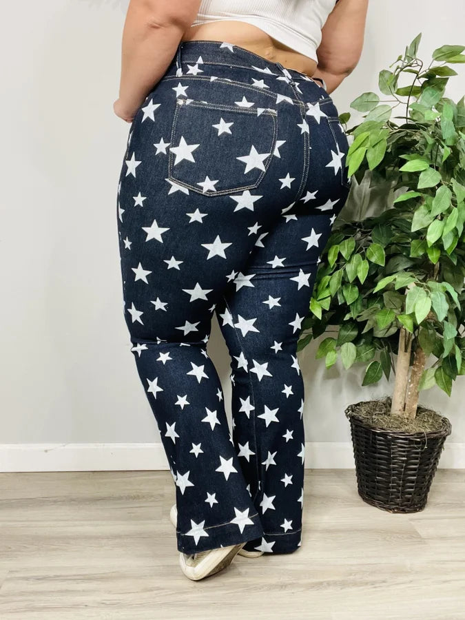 Judy Blue - "Betsy" Dark Blue High-Waisted Star Print Flare Jeans - Reg/Plus