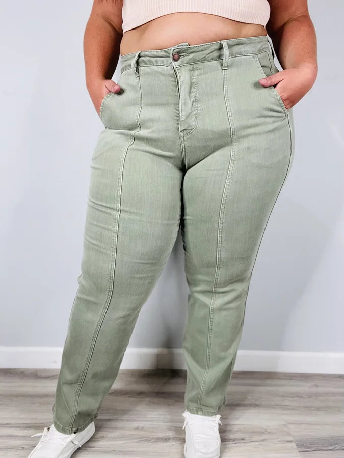 Judy Blue - "Rosemary" Sage High-Waisted Front Seam Straight Leg Jeans