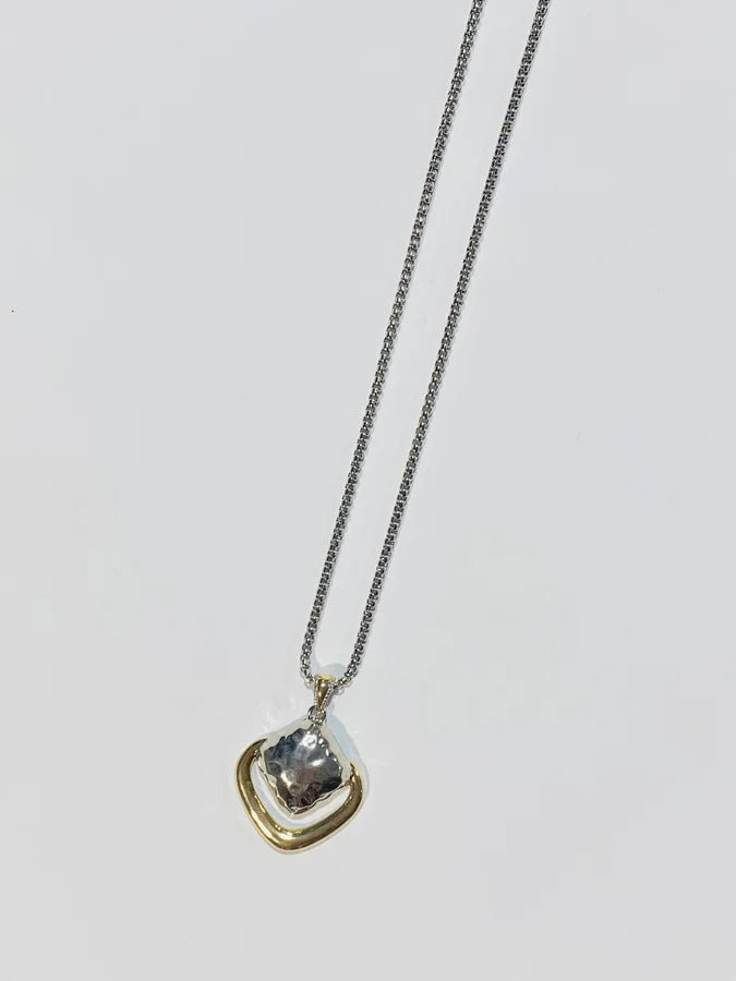 Two Tone Rhodium Plated Hammered Pendant Necklace - 16" +2