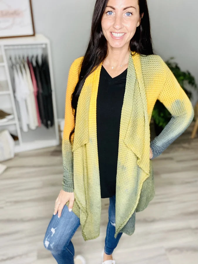 Reg. Golden Yellow/Olive Tie Dye Crochet Knit Cardigan