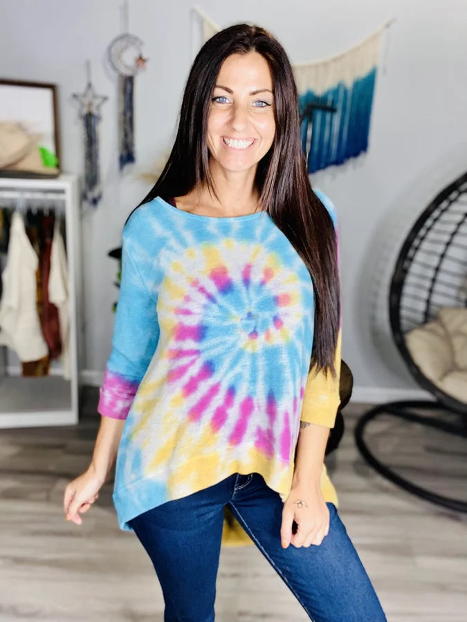 Rainbow Spiral Tie Dye 3/4 Sleeve Tunic Top w/ Loose Open Back Detail