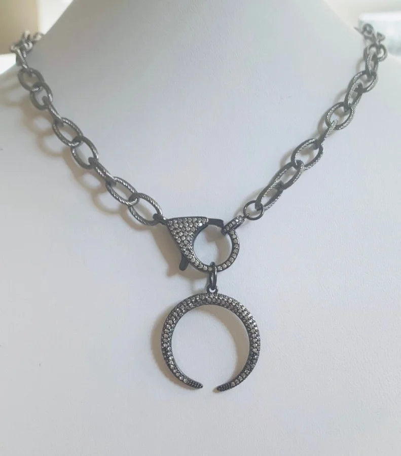 Gunmetal Link Chain w/ Pave Cubic Zirconia Moon Pendant & Closure - 18"