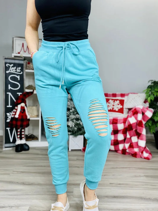 Reg/Plus Teal Distressed Joggers w/ Drawstring & Pockets