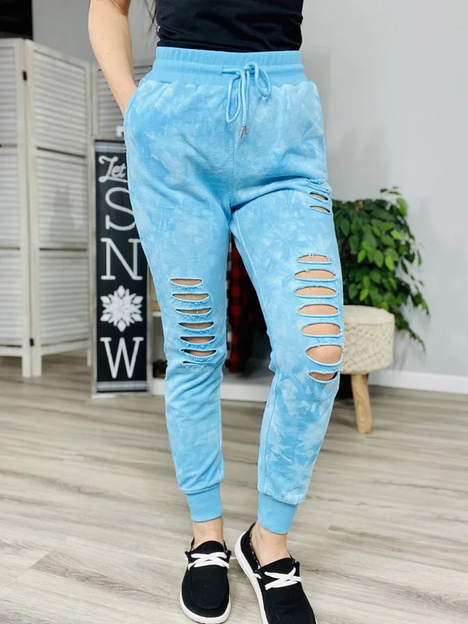 Reg/Plus Sky Blue Tie Dye Distressed Joggers w/ Drawstring & Pockets