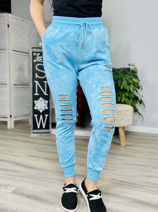 Reg/Plus Sky Blue Tie Dye Distressed Joggers w/ Drawstring & Pockets