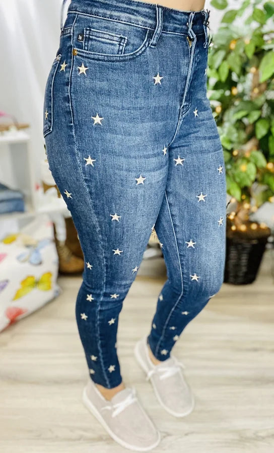 Judy Blue - Dark Blue High-Waisted Star Embroidered Skinny Jeans - Reg/Plus