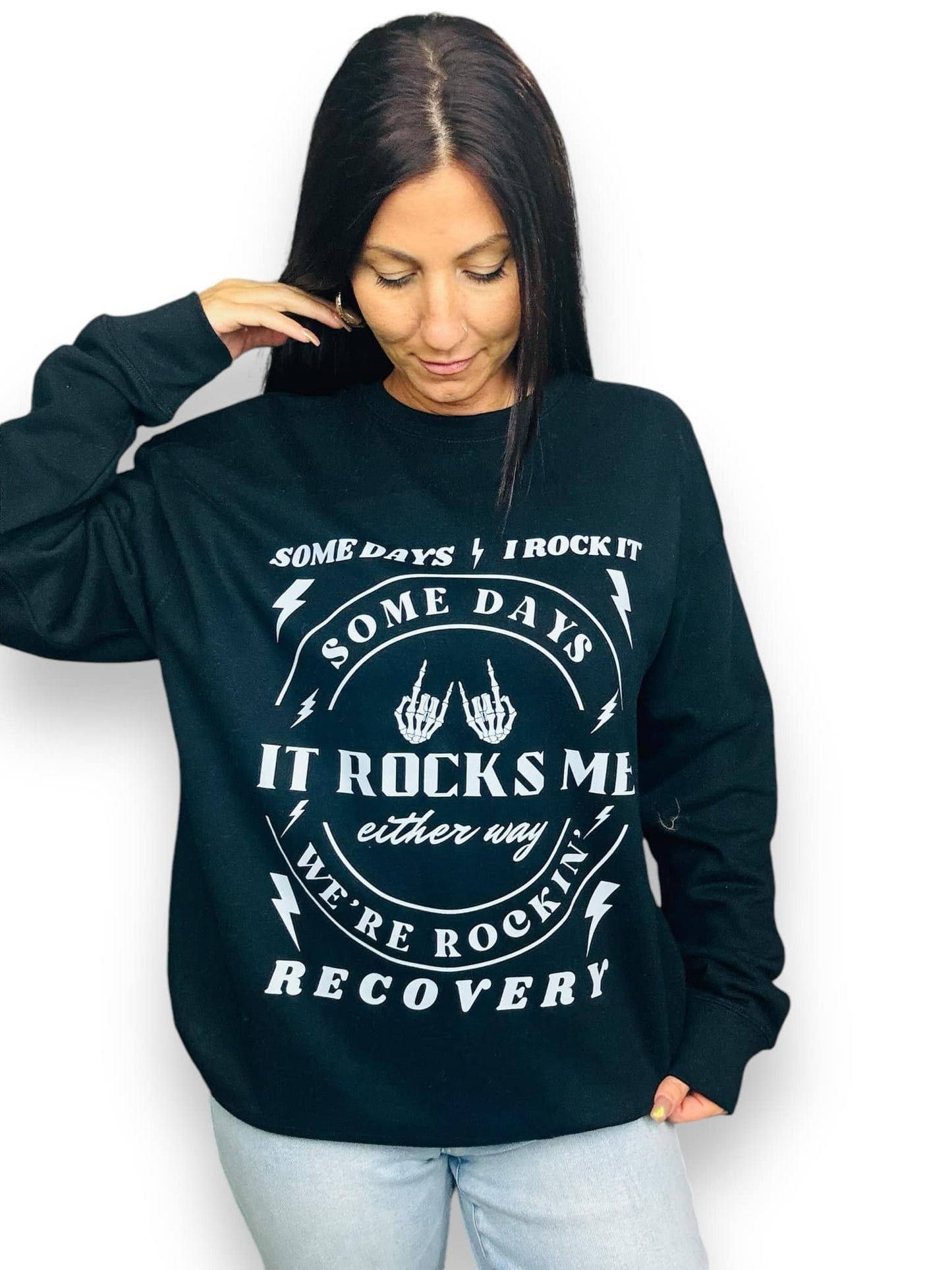 "Rocking Recovery" (White Ink) Graphic Crewneck Sweatshirt