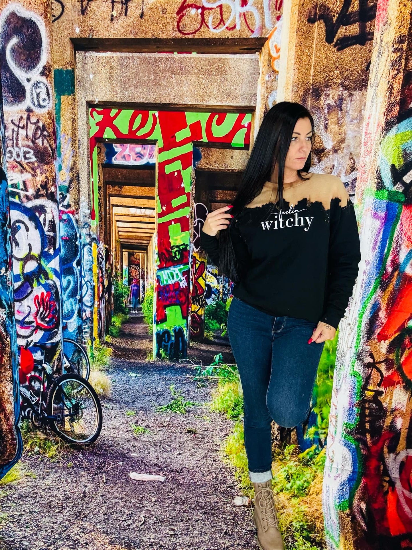 "Feelin Witchy" Black (Caramel Apple) Bleached Tie Dye Sweatshirt - Reg/Plus