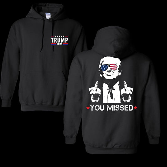 "You Missed" Pocket Logo Graphic Hoodie