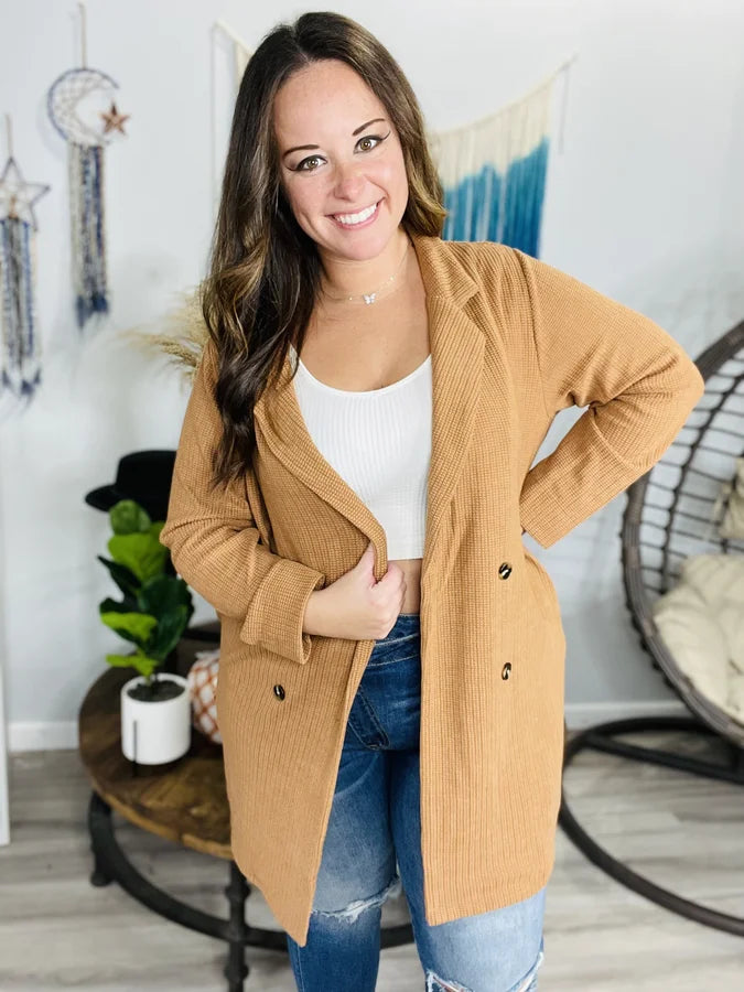 Camel Waffle Knit Cardigan w/ Pockets - Reg/Plus