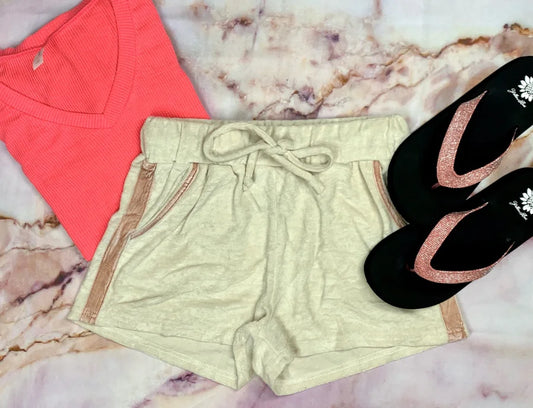Ivory French Terry Shorts w/ Pink Suede Side Stripe Detail