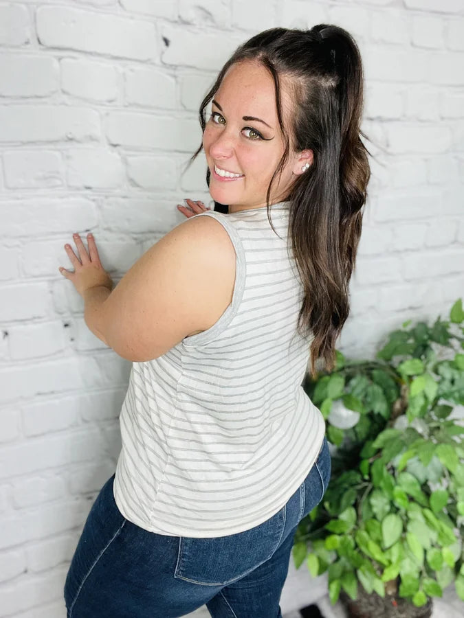 "Crazy for Stripes" Heather Grey/Ivory Sleeveless Top - Reg/Plus