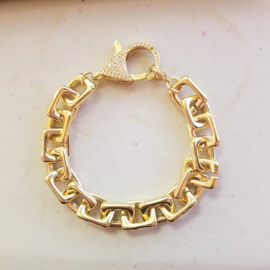 Gold Plated Square Link Chain w/ Pave Cubic Zirconia Closure Bracelet - 7" +1