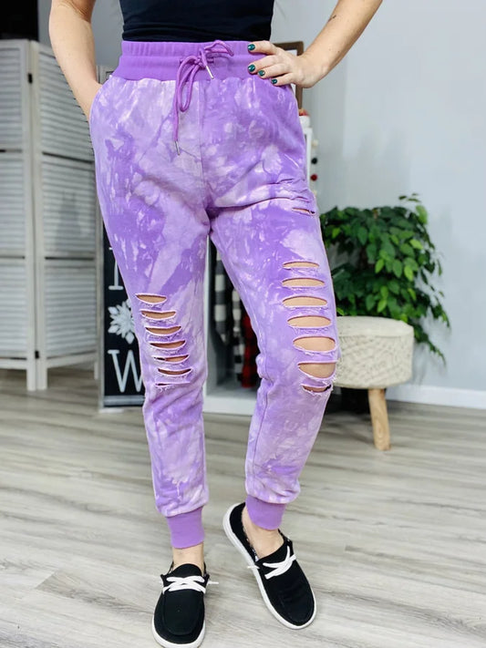 Reg/Plus Lilac Tie Dye Distressed Joggers w/ Drawstring & Pockets