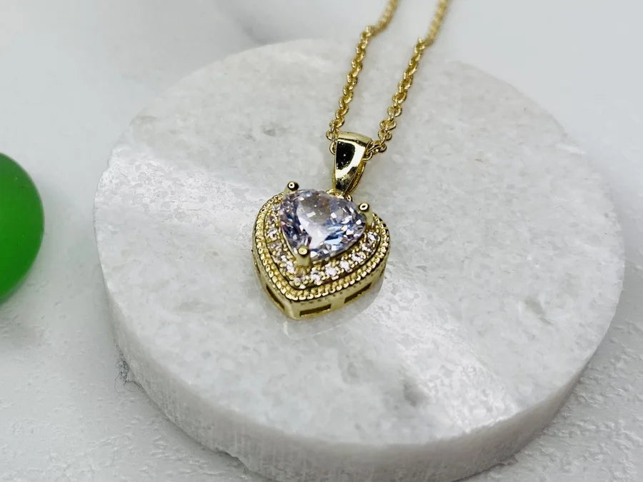 Gold Plated Brass Solitaire Heart-Shaped Cubic Zirconia Necklace - 16" +2