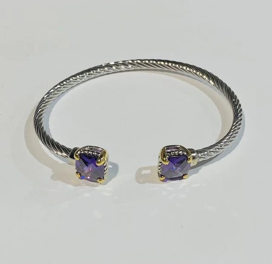 Rhodium Plated Amethyst Cubic Zirconia Cable Inspired Bracelet