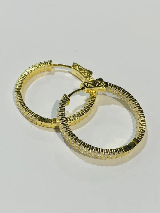 Sterling Silver Gold Plated In & Out Fancy Cut Cubic Zirconia Hoop Earrings - 30MM