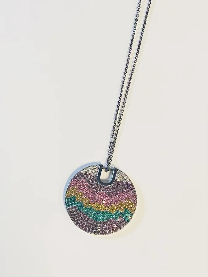 Gunmetal Multicolor Cubic Zirconia Round Pendant Necklace - 30"