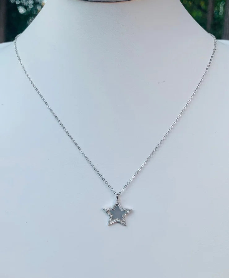 Sterling Silver Necklace w/ Mother of Pearl Cubic Zirconia Star Pendant - 16-18"