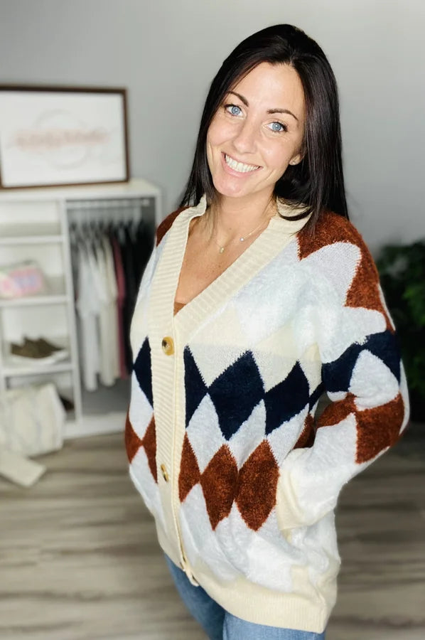 Reg. Light Grey/Beige Argyle Cardigan Sweater