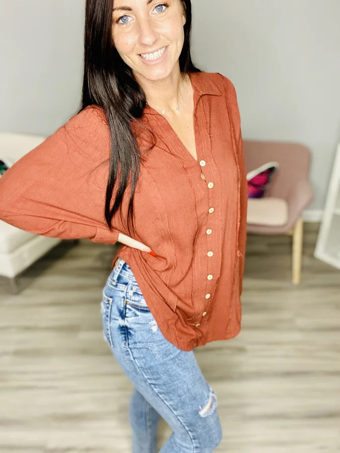 Reg. Brick Red Dolman Raw Cut Long Sleeve Top