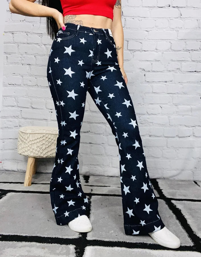 Judy Blue - "Betsy" Dark Blue High-Waisted Star Print Flare Jeans - Reg/Plus