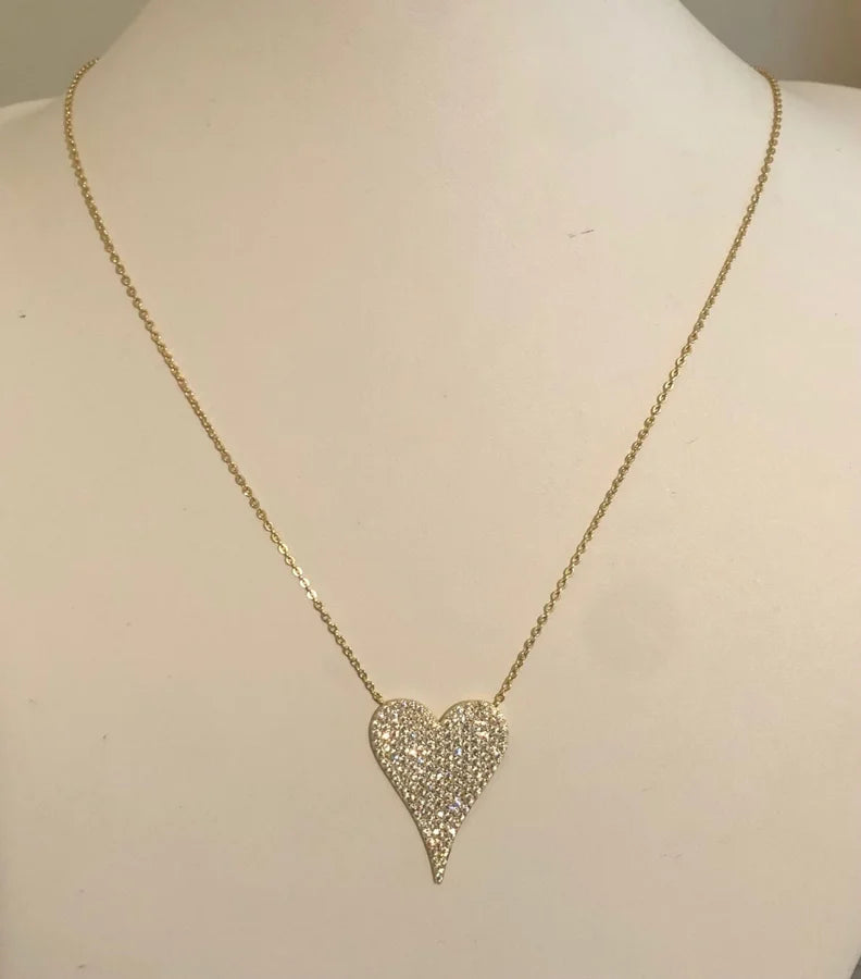 Sterling Silver Gold Plated Cubic Zirconia Pave Large Heart Necklace - 16" +2