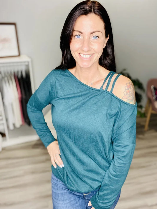 Reg/Plus Hunter Green Long Sleeve Strappy Cold Shoulder Top