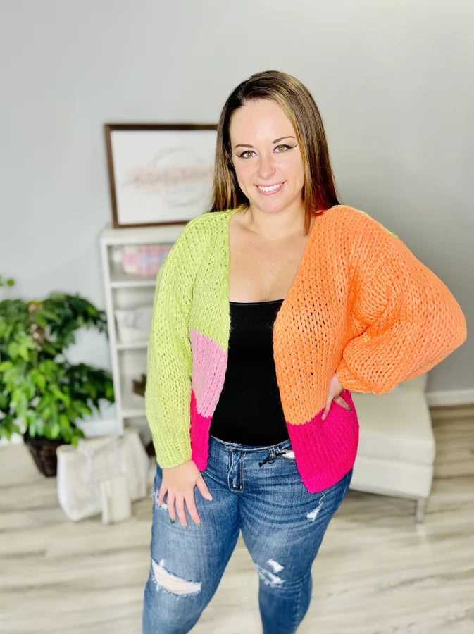 Reg. Olive/Orange Color Block Cardigan