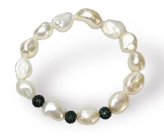 Fresh Water Pearl Emerald Cubic Zirconia Fire Ball Bracelet - 7-8"