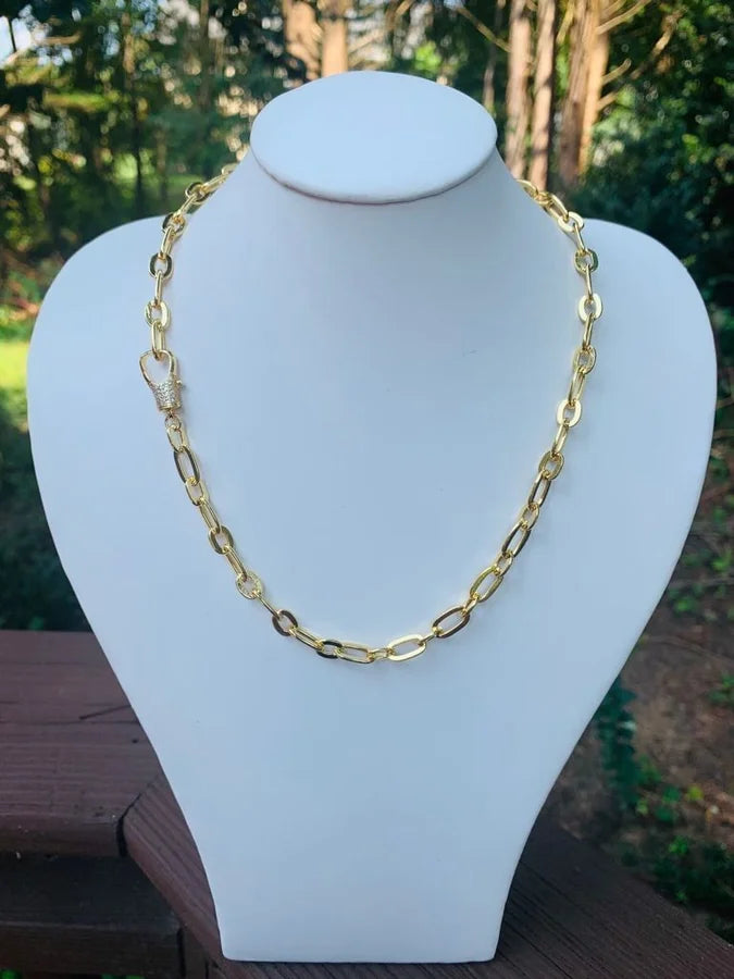 18 Kt. Gold Plated Paperclip Chain Necklace w/ Pave Cubic Zirconia Closure - 18"