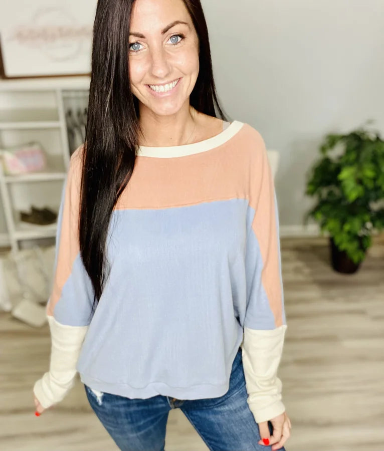 Reg Misty Blue/Peach Color Block Dolman Long Sleeve Top