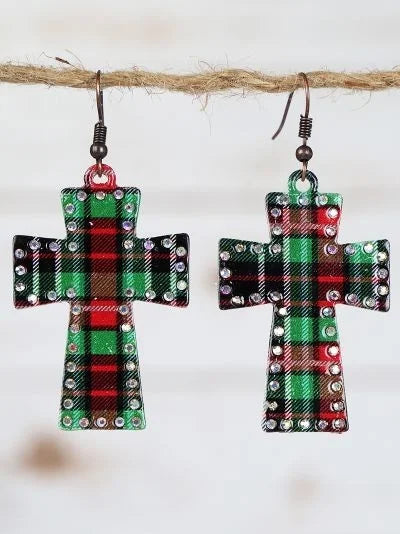 Red & Green Plaid Cross Earrings w/ Crystals