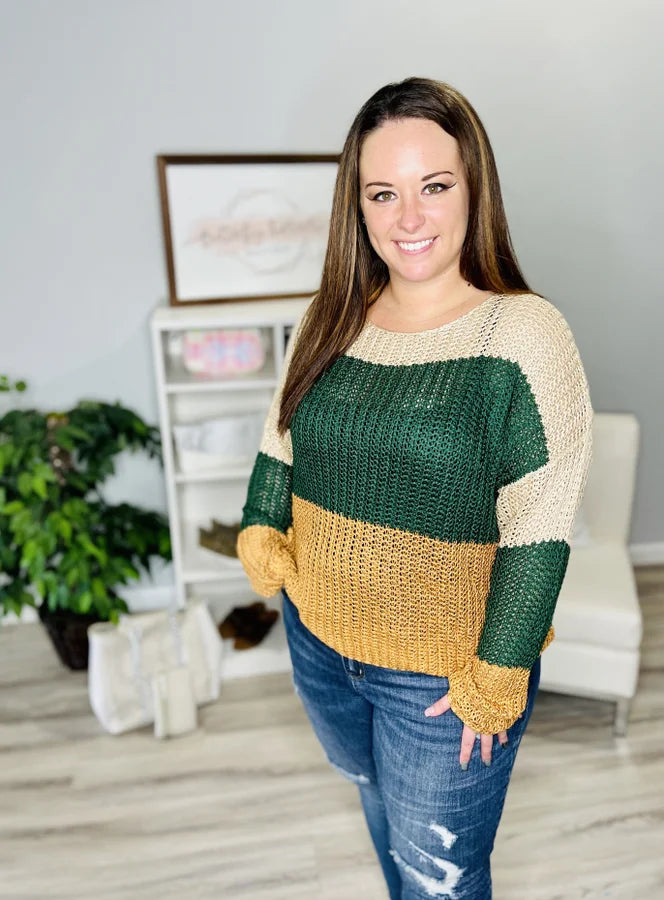 Reg. Beige/Dark Green/Apricot Striped Knit Sweater
