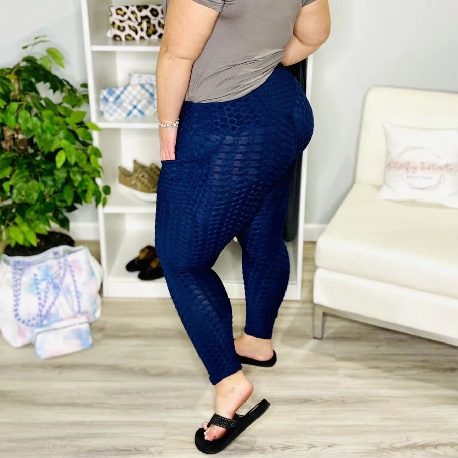 Reg/Plus Navy Honeycomb Textured Leggings